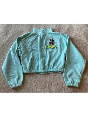 Disney Parks Mickey Mouse Welcome Friends Teal Crop 1/2 Zip Sweatshirt Women's M